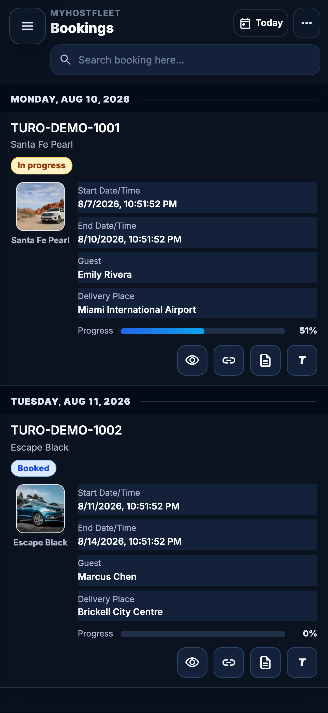 Mobile bookings in dark mode screenshot