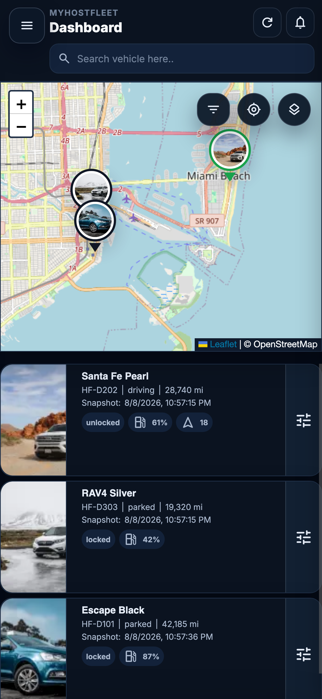 Mobile dashboard in dark mode screenshot